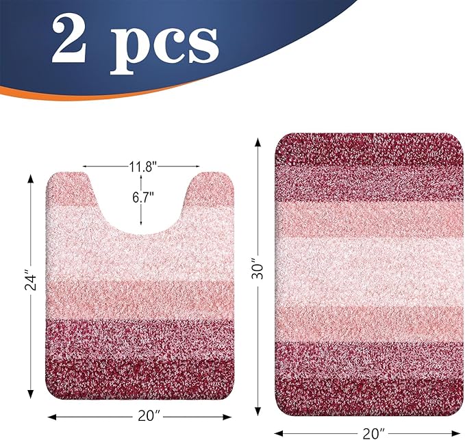 OLANLY Bathroom Rug Set 2 Piece, Soft Absorbent Microfiber Bath Mats and U-Shaped Contour Toilet Rug, Non-Slip, Machine Wash Dry, Plush Shaggy Bath Mats for Bathroom (30"x20"+U24 x20, Red)