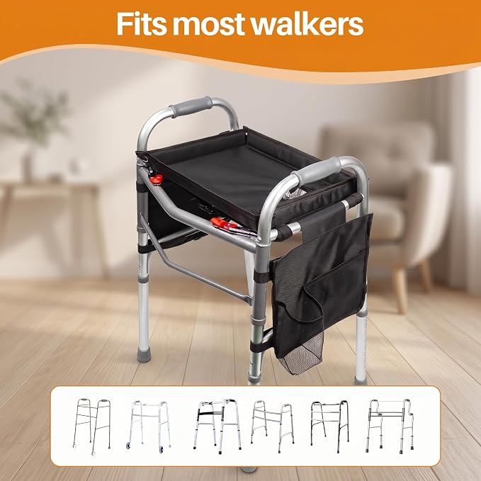 Walker Tray with Cup Holder with 2 Side Pockets, Tray for Folding Walkers, Food Tray, Walker Accessories, Tray Table for Standard Adult Walkers