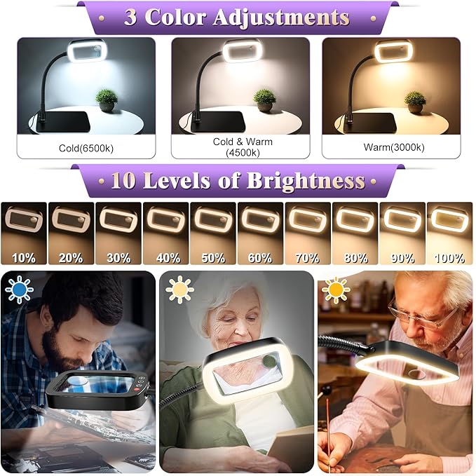 10X 30X Large Magnifying Glass with Light and Stand | 5-inch Lighted Magnifier,72 LEDs,3 Color Modes , Hands-Free Magnifying Desk Lamp for Reading, Craft, Hobby, Close Work