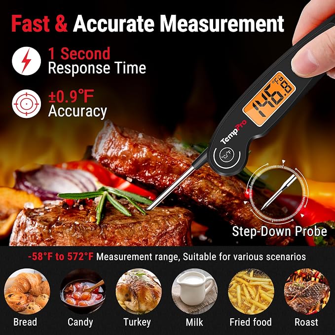 TempPro TempSwift 1 SEC Instant Read Meat Thermometer for Cooking | 100% Waterproof Digital Food Thermometer with Large Backlit LCD, Kitchen Thermometer for Grilling, Smoking & Candy Making