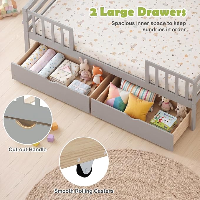 Giantex Full Kids Bed with Storage Drawers, Wood Montessori Bed with Rails & Side Shelf, Low Daybed Bed Frame for Boys Girls, No Box Spring Needed (Grey)