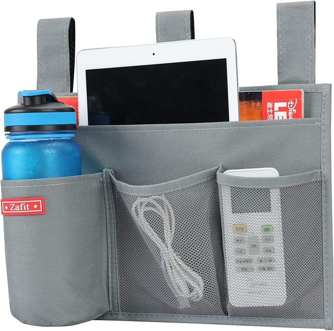 Zafit Hanging Bedside Caddy, Bedside Storage Organizer for Magazine, Phone, Remote control (4 Pockets-Grey)