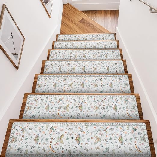 OJIA Insect Stair Treads Non-Slip Stair Runner for Wooden Steps 15PC 30"x8" | Indoor Stair Runners Carpet Stair Treads for Wood Stairs Staircase Step Treads for Kids, Elders, Dogs, Stair Covers, Beige