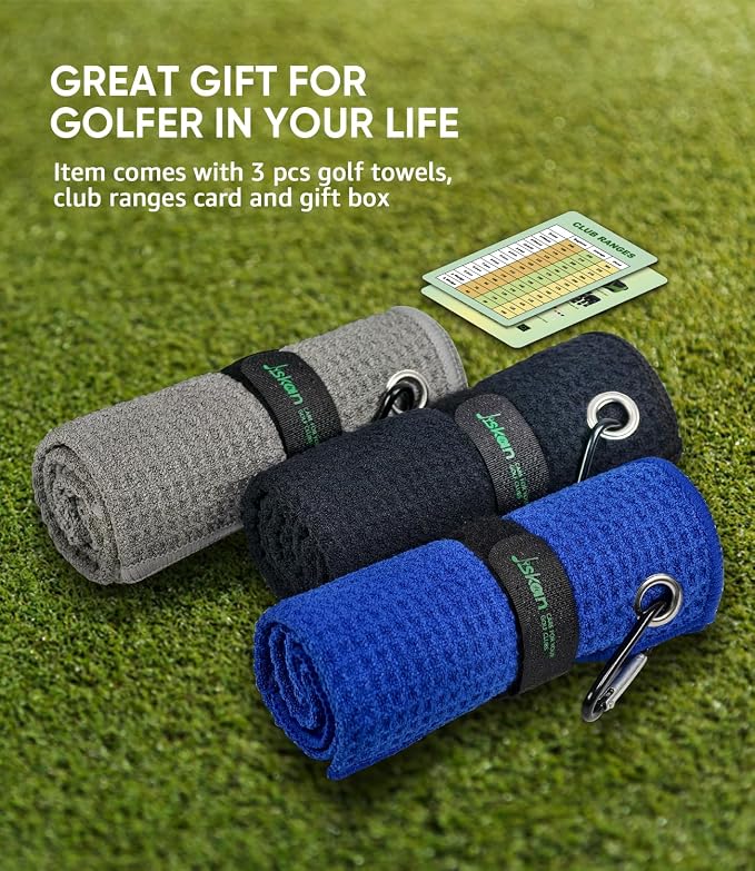 Jiskan Pro Golf Towel Microfiber Golf Towel for Golf Bags (16" X 16") with Hook, Loop Fastener and Gift Box, Essentials Golf Accessories for Men, Golf Gifts for Men/Women