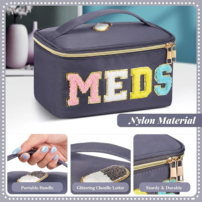 Geetery Clear Makeup Bag Chenille Letter Meds Bag Travel Cases Preppy Patch with Zipper, Portable Cosmetic Toiletry Storage case for Women (Meds,Gray)