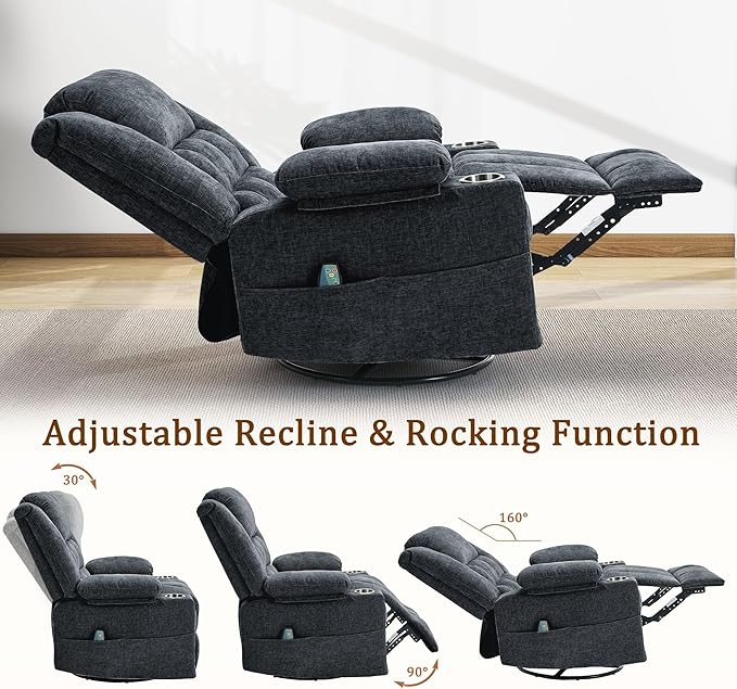 Korser 360° Swivel Rocker Recliner for Adults, Nursery Glider Recliner with Massage and Heating, Rocking Chair with Cup Holder, Manual Recliner Chair for Living Room, Bedroom (Fabric, Dark Gray)