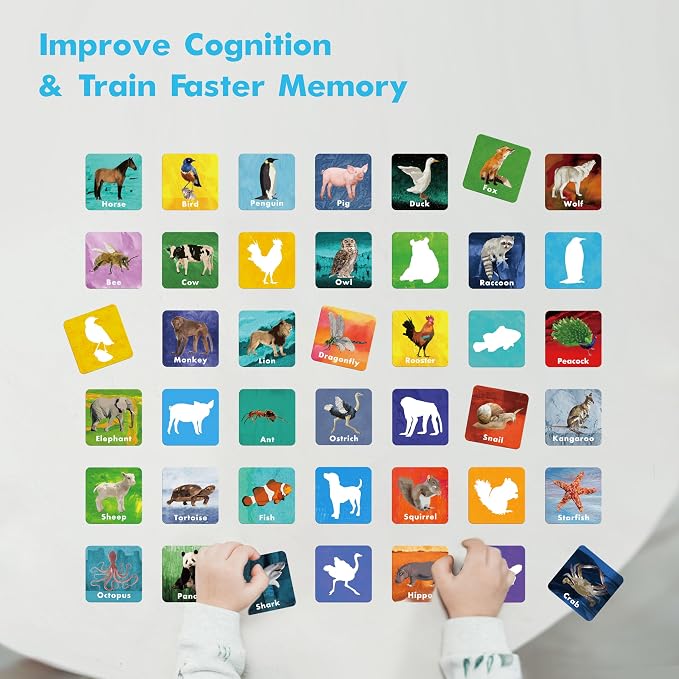 Hebayy 108 PCS Memory Matching Game, 72 Animal Cards & 36 Shadow Cards Matching Cards 36 Pairs Real Animal for Toddlers, Preschool, Kids 4 5 6 Years Old (2” x 2”)