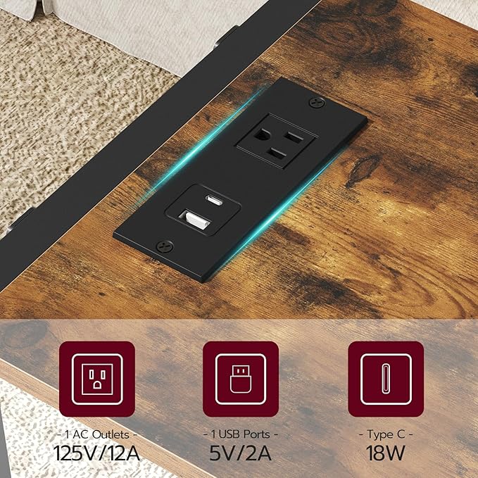 PC Stand with Charging Station, Height Adjustable Computer Tower Stand, 19.7"-31.5" H, Computer Cart with Wheels and Hooks, CPU Holder for Floor, Carpet and Under Desk, Rustic Brown