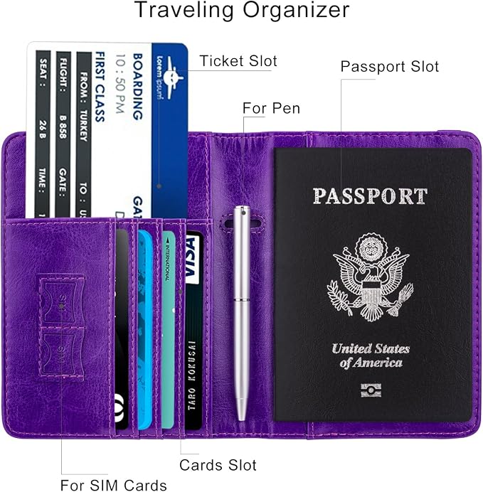 WALNEW Passport Holder for Travel, RFID Passport Wallet, Travel Essentials | PU Leather Passport Cover Case with Pen Holder, Travel Must Haves Accessories, Passport Book Holder for Women