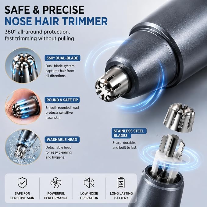 5-in-1 Rechargeable Nose & Ear Hair Trimmer - IPX7 Waterproof Dual Edge Grooming Kit for Men & Women, Perfect for Hair Removal of Nose, Eyebrows, Beard, Bikini, and Facial Hair (Space Gray)