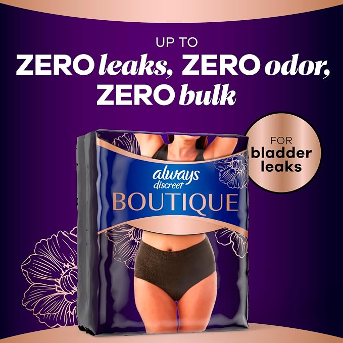 Always Discreet Boutique Incontinence and Postpartum Underwear for Women, Maximum Protection, Large, Black, 18 Count