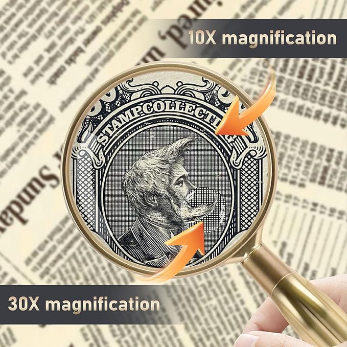 Lakei Magnifying Glass,10X Handheld Reading Magnifying Glass， 75mm Shatter Resistant Lens, Non-Slip Handle, Suitable for Elderly Reading, Adults Close Work, Hobbies and Science (Silver)
