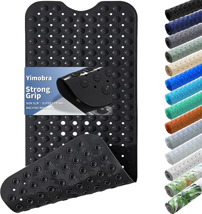 Yimobra Non Slip Bathtub Mat 40 x 16 Inch, Extra Long Shower Mat with Drain Holes, Machine Washable Baby Bath Mats, Strong Suction Cups for Bathroom Floor, Black