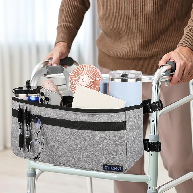 ZHCHG Walker Basket for Seniors, Walker Accessories Bag for Folding Walker | Large Capacity & Never Tipping Over, Best Gift- (Not Fit Rollator Walkers) -Gray