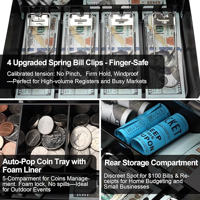 Jssmst Cash Box with Key Lock - 0.9mm Thick Metal Money Box for Garage Sales, Yard Sales and Petty Cash, Portable Cash Drawer with Coin Tray & Spill-Proof Foam Coin Cover, 4 No-Pinch Bill Clips,11.8''