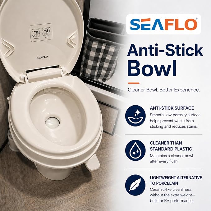 SEAFLO Bone RV Toilet, Residential Height 18.4", Gravity Flush Foot Pedal, Soft Close Seat, Camper Toilet for RV Motorhome Travel Trailer, Parchment, SFRTPH-02-01, 4-Year Warranty