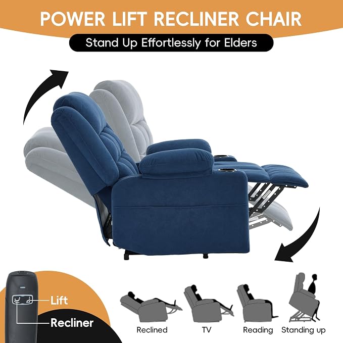 Power Lift Recliner Chair for Elderly Adults with Massage and Heat, Fabric Electric Recliner Sofa with Side Pocket, Two Cup Holders for Living Room L9912 (Navy Blue)
