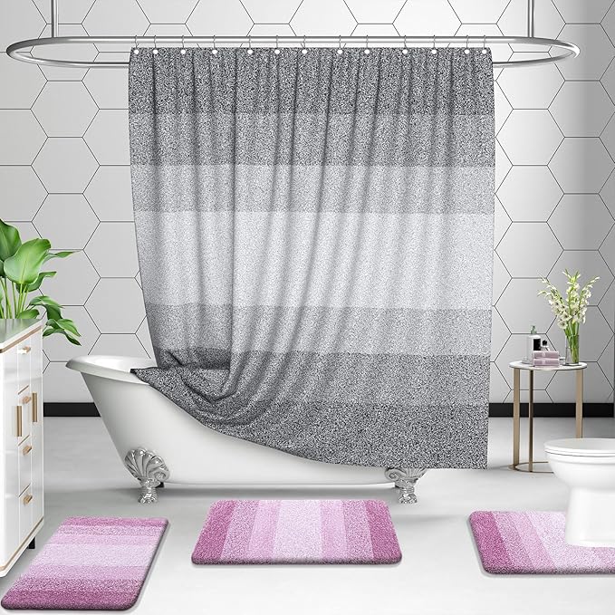 OLANLY Bathroom Rug Set 2 Piece, Soft Absorbent Microfiber Bath Mats and U-Shaped Contour Toilet Rug, Non-Slip, Machine Wash Dry, Plush Shaggy Bath Mats for Bathroom (24"x16"+U24 x20, Pinkish-Purple)