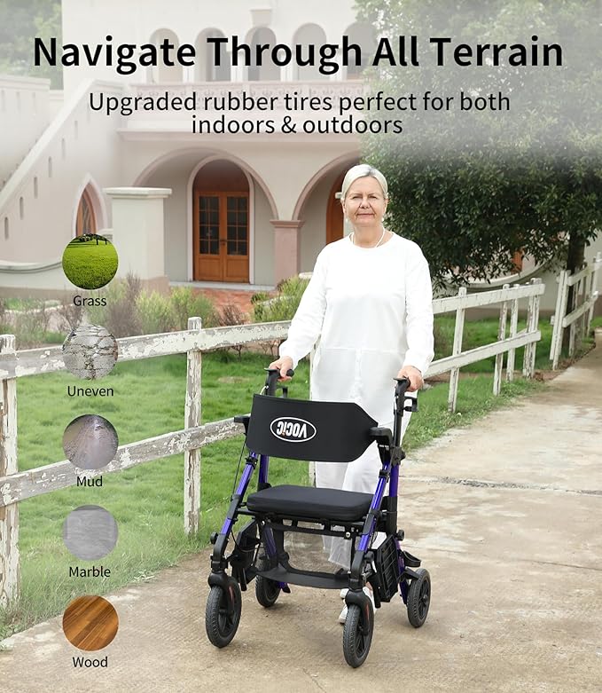 VOCIC Transport-Wheelchair-Lightweight-Foldable, Walker Wheelchair Combo, Rollator-Walkers-for-Seniors-with-Seat, 2 in 1 Rolling Walker, 300lb Adults 4 Wheel Transport Chair w/Brakes & Pouch