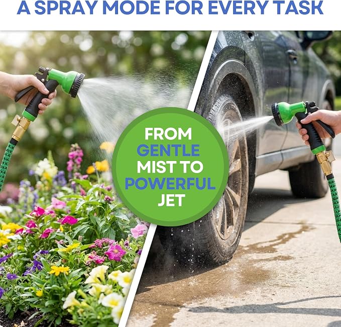 J&B XpandaHose 100ft Expandable Garden Hose, Lightweight, Brass Connectors | Ultra Strong 3750D fabric, 4-layer latex core, expands 3X, kink & leak-resistant, 10-pattern nozzle, storage bag