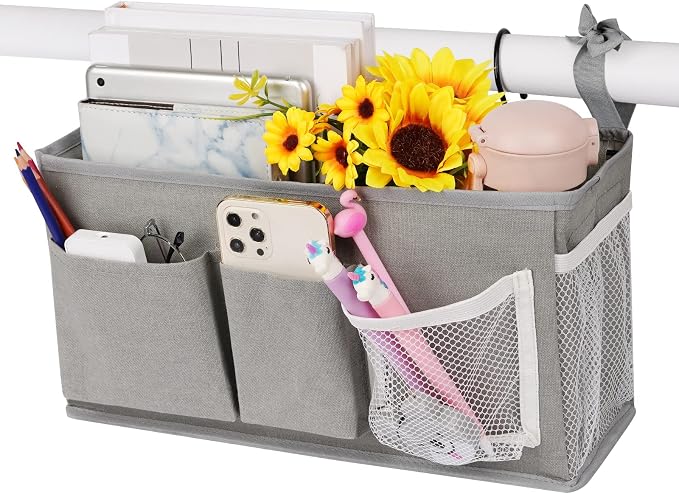 Bedside Caddy, Bedside Storage Bag Hanging Organizer for Bunk Dorm Bed Rail | Bed Caddy with Hooks, Top Bunks and Dorm Essentials for Water, Tissues, Tablets, Books, Phones, Remotes and Other Necessories