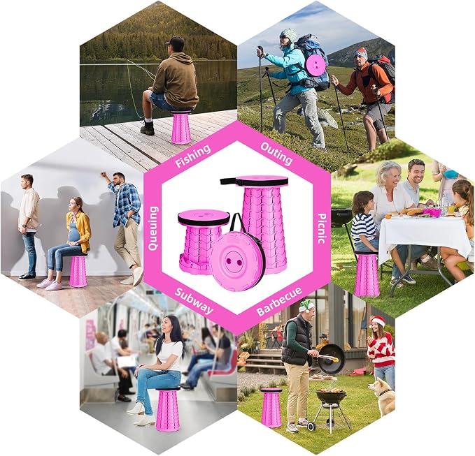 Qiguet Collapsible Stool, Folding Chair - Upgraded Portable Chair with Load Capacity 400lbs, Portable Stool for Camping Fishing Hiking - Folding Stool with Carrying Strap,Gifts for Fisherman(All Pink)