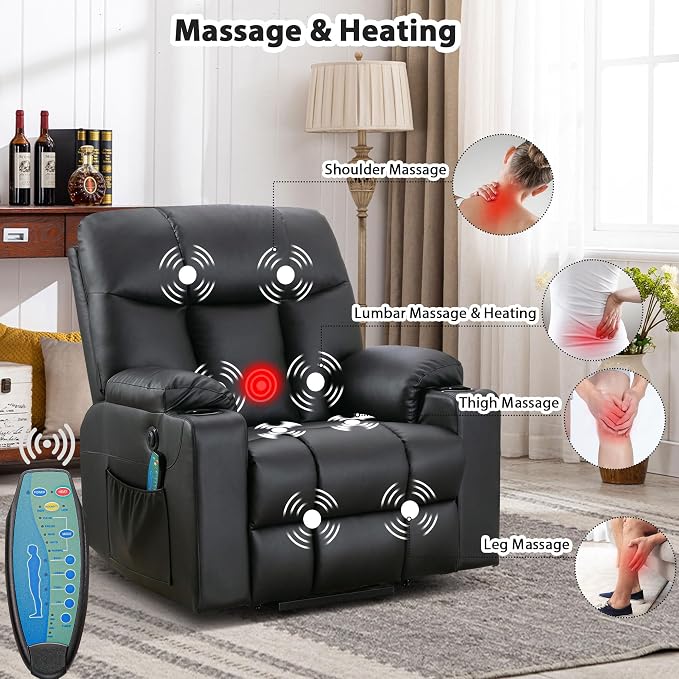 Bonzy Home Power Lift Recliner Chair with Heat and Massage, Faux Leather | Oversized Lift Chair for Adults Elderly Upholstered Massage Recliner with 2 Cup Holders, Side Pocket, Black