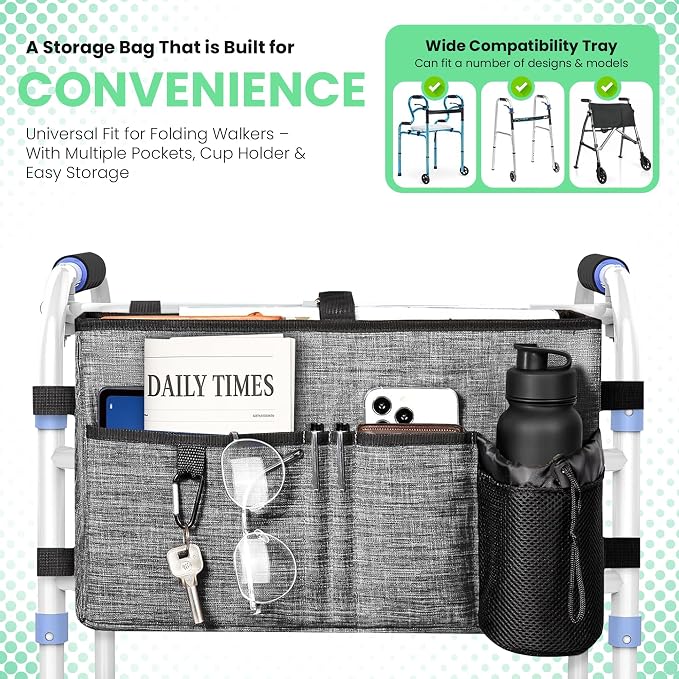 Walker Bag with Cup Holder & Multiple Pockets – Large Capacity Folding Walker Organizer, Caddy with Side Bottle Pocket & Carry Handles – Walker Accessories for Seniors & Elderly (Gray)