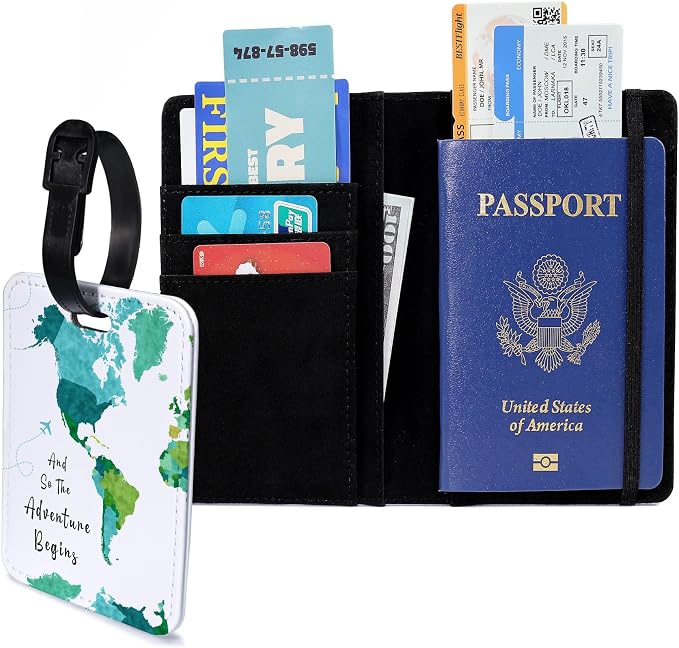 PDE-QUNLIAN Passport Book Holder,Passport Wallet for Men Mr and Mrs Passport Holder for Women Passport Cover World Map Passport Case for Couples Christmas Traveling Luggage Tag 2PCS