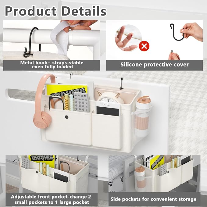 Bedside Caddy Bedside Storage Hanging Organizer for Bunk Dorm Bed Rail | Bed Caddy with Hooks, Top Bunks and Dorm Essentials for Water, Tissues, Tablets, Books, Phones, Remotes and Other Necessories