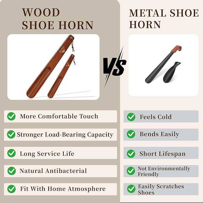 Wooden Shoe Horn Set, 15'' Long Handle for Seniors & Adults, 10.25'' Short Shoe Spoon for Kids, 2-Pack Boot Horn