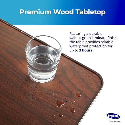 Invacare Bed Table, Height Adjustable & Tilting Overbed Table, Hospital Bedside Table, Medical Rolling Desk with Wheels, Waterproof Medical and Home Use L-Shaped Steel Base Over Bed Tray Table