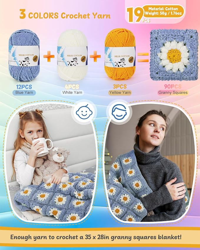 Coopay Crochet Kit for Beginners, Granny Square Blanket Kit, Blue-Purple | Crochet Kit W/Video Tutorial & Digital Instructions, All Accessories Included, Easy Knitting to Create Granny Square Blanket