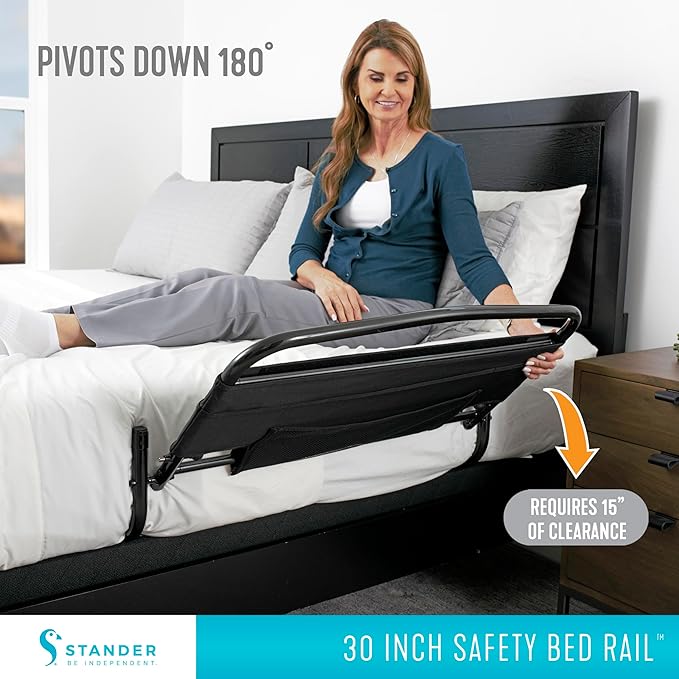 Stander 30inch Safety Bed Rail with Padded Pouch, Folding Guardrail for Adults, Seniors, and Elderly, Bedside Stand Assist Bar, Fits King, Queen, Full, and Twin Beds, ASTM Safety Approved Bedrail