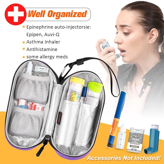 SITHON EpiPen Medical Carrying Case Insulated, Travel Medication Organizer Bag Emergency Medical Pouch Holds 2 EpiPens, Asthma Inhaler, Anti-Histamine, Auvi-Q, Allergy Medicine Essentials, Violet | Emergency Medical Travel Pouch Holds 2 EpiPens, Asthma...