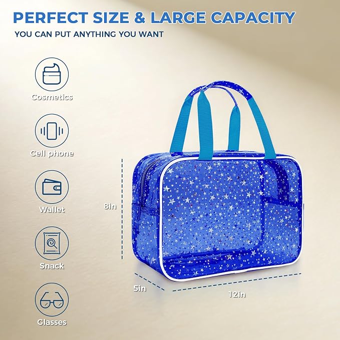 Clear Deep Blue Star Large Makeup Bag with Star Pattern (12x5x8 inches), Travel Cosmetic Bag with Handle, Durable PVC Material, Zipper Opening Design—Ideal for Makeup Travel Organization or Gym Use