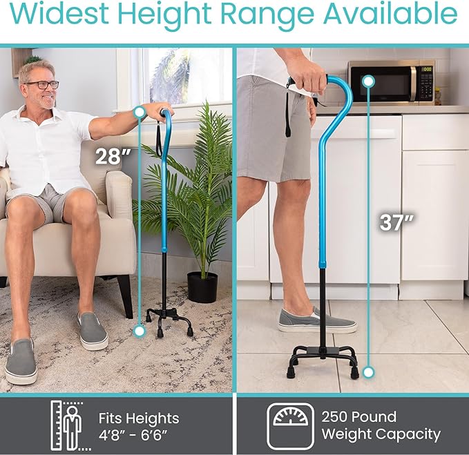 Vive Quad Cane - Walking Stick for Men and Women - Lightweight Adjustable Staff - Comfortable Right and Left Hand Grip for Stability Support - Four Prong Sturdy Aluminum Travel Aid - 4 Tip Blue