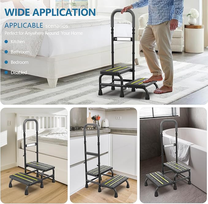 [2026 Upgrade] 2 Step Stool with Handle for Elderly with Sensor Night Light,Medical Heavy Duty Step Stool with Adjustable Handrail, Bedside Steps for People with Mobility Impairments,350lbs