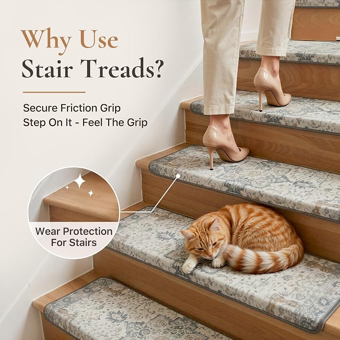 SARBEN 9.5"x30" Non Slip Bullnose Stair Treads for Wooden Steps 15Pk,Taupe | Peel and Stick Carpet Stair Runner with TPE Adhesive Backing, Carpet for Added Safety, Pet and Senior Friendly