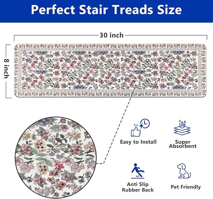 Vintage Floral Stair Treads Non Slip Carpet Stair Treads for Wooden Steps Indoor 15PCS 30"x8" Stair Runner Stair Mats Safety Staircase Step Treads for Elders Kids Dogs White