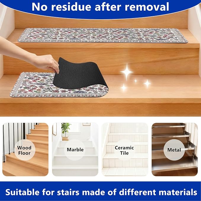 Vintage Floral Stair Treads Non Slip Carpet Stair Treads for Wooden Steps Indoor 15PCS 30"x8" Stair Runner Stair Mats Safety Staircase Step Treads for Elders Kids Dogs White