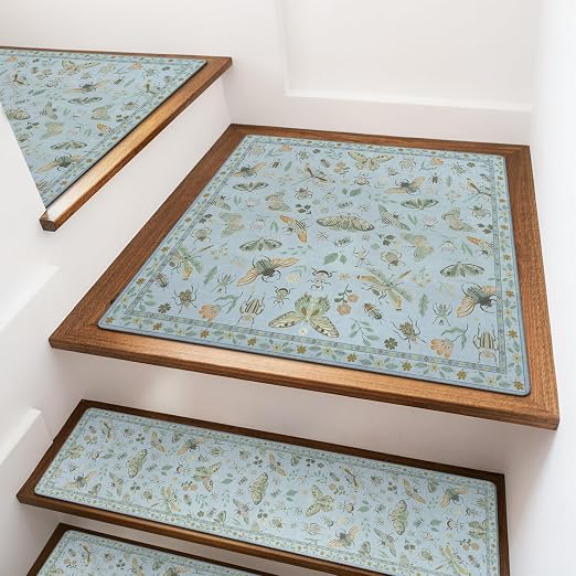 OJIA Stair Treads Non-Slip Landing Mat for Wooden Steps 31"x31" Stair Rugs | Square Capet Stair Treads Rubber Backed Stair Runner Anti-Slip Matching Mat Stair Rugs Carpet for Stairs Blue
