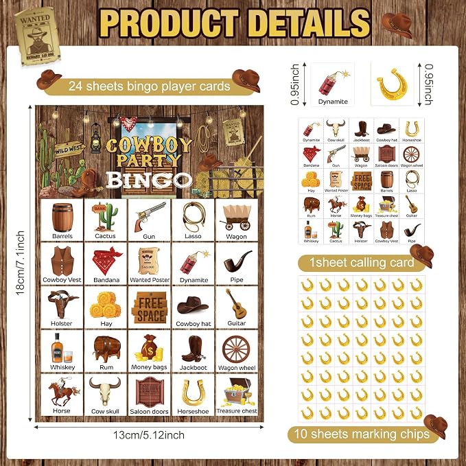 Liliful 35 Pcs Western Bingo Cards 24 Players Bingo Games Wild West Party Games for Kids Boys Girls Adults Family Classroom Activity Birthday Baby Shower Party Favors Supplies(Cowboy)