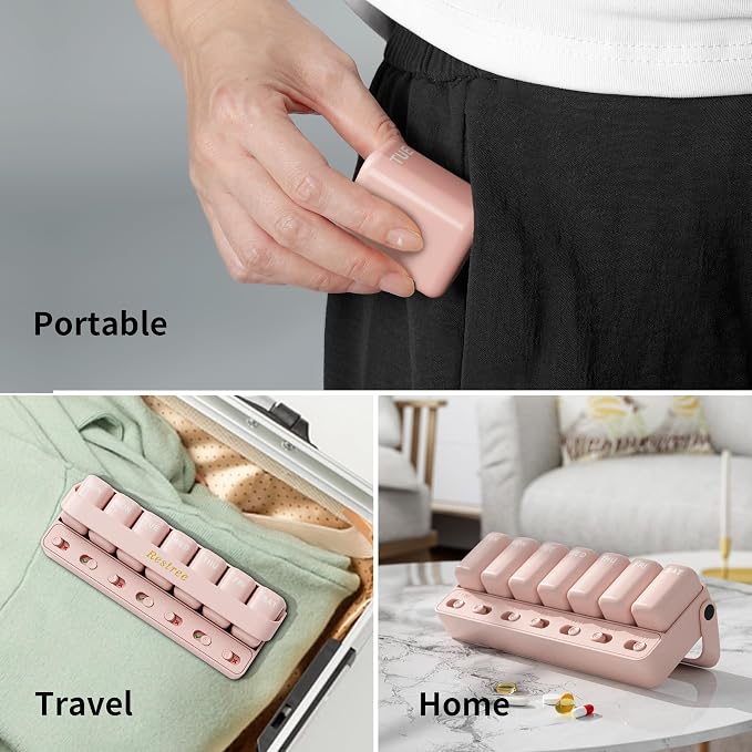 Restree Weekly Pill Organizer 7 Day, Large Capacity Pill Box with Reminder Indicator, Easy Slide Open Detachable Travel Pill Case for Vitamins Supplements & Daily Medications (Pink)