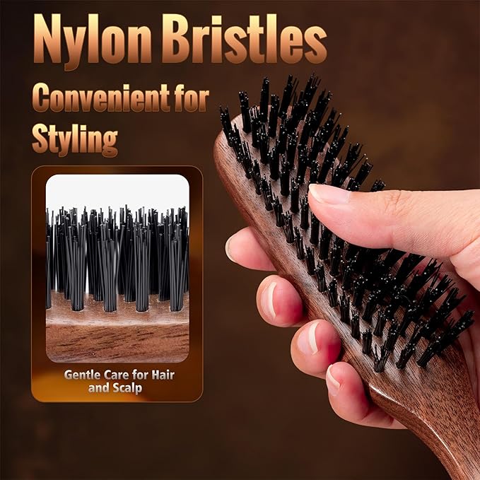 STYLEMATE Hair Brush for Men, Mens Nylon Stiff Bristles Hard Firm Hair Brush for Thick Hair, Slick Back Natural Black Walnut Wooden Handle for Smoothing, Detangling, Styling