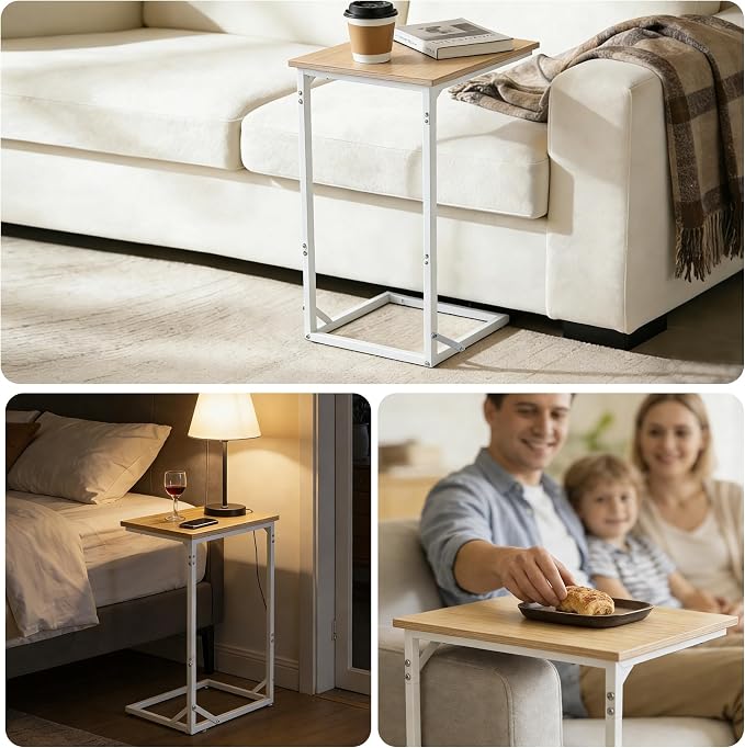 C Shaped End Table for Couch, Small Side Table for Living Room & Bedroom, Slide Under Sofa Table for Laptop, Coffee, Snacks, Easy Assembly, Modern Design