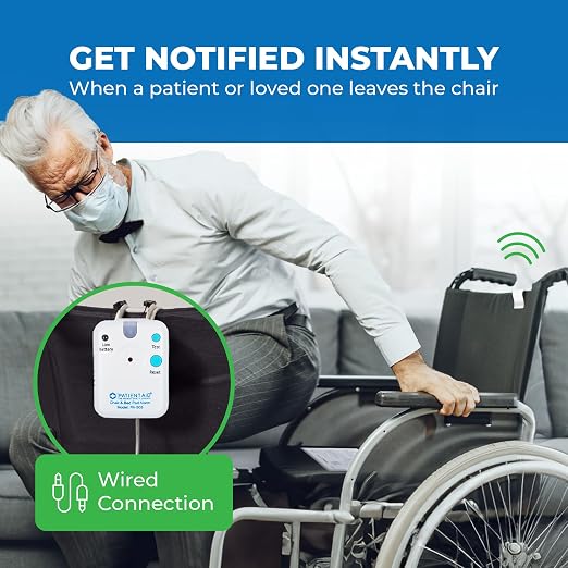Patient Aid Chair Alarm with 10" x 15" Motion Sensor Pad and Wired Ring Device, Various Chime Sound and Mounting Options, AC Adapter and Battery Powered Wandering and Fall Prevention for Elderly