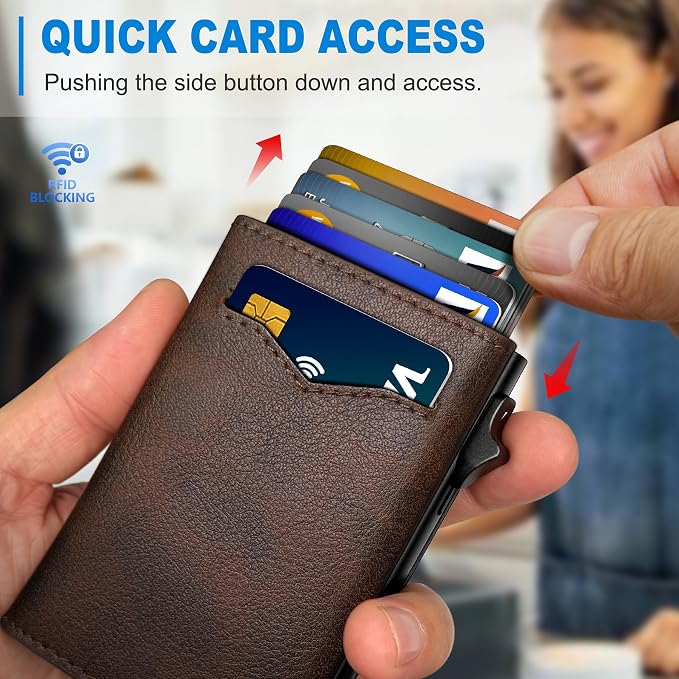 Wallet for Men,with Cash Pocket 2 ID Window 9-13 Cards,Metal Case Smart Slim Pop Up Credit Card Holder Flip with Magnetic Closure RFID Blocking Trifold wallet with Gift Box