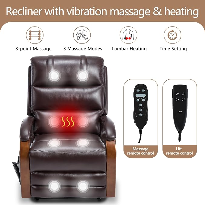 Power Lift Recliner Chair for Elderly People, Dual Motor Lay Flat Recliner with Vibration Massage and Heat, Lift Chair with Solid Wood Armrest, Standing Assistance Reclining, Faux Leather Red Brown