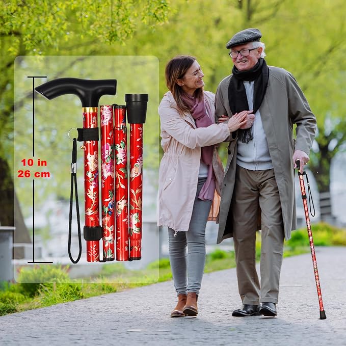 MFE Folding Cane, Portable 5-Level Adjustable Height Walking Stick with Foldable Design, Wrist Strap, and T Handle for Men and Women
